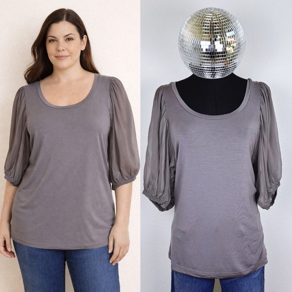 Kensie Tops - Kensie Sheer Sleeve Scoop Neck Top, Women's Size Large, Gray Puff Sleeve Tee